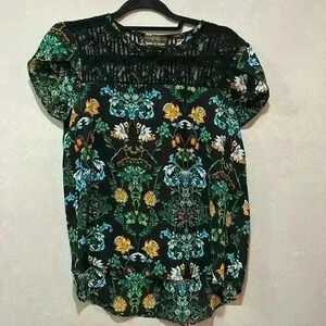 Twine & String floral black and orange short sleeve blouse shirt top size small